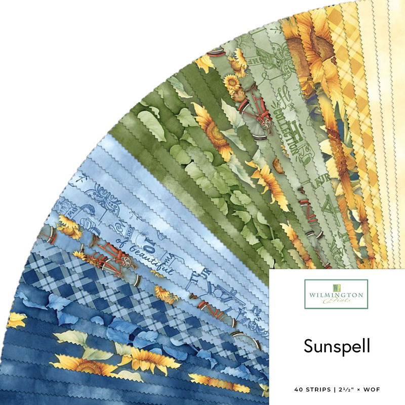 Digital collage of the 2.5" Strip Bundle from the Sunspell fabric collection.
