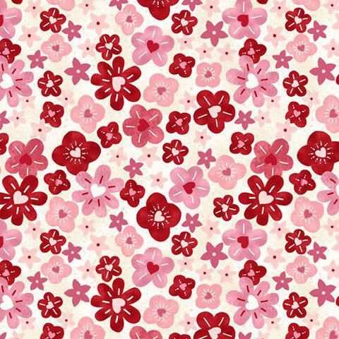 Speckled cream fabric with a dense scattered pattern of pink and red blooms adorned with hearts.