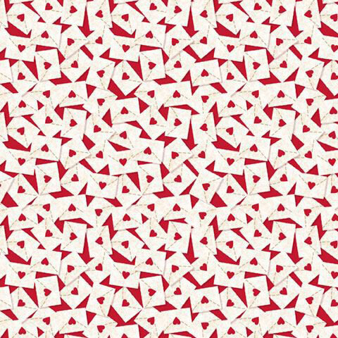 Crimson red fabric with a densely tossed pattern of love letters stamped with red hearts.