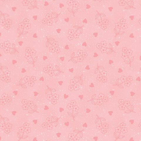 Speckled blush pink fabric with a tossed pattern of tonal florals and hearts.