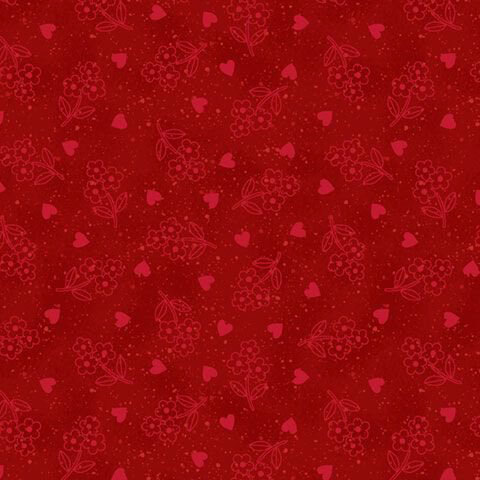 Speckled crimson fabric with a tossed pattern of tonal florals and hearts.