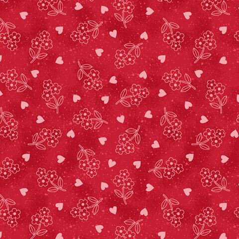 Speckled cardinal red fabric with a tossed pattern of blush pink florals and hearts.