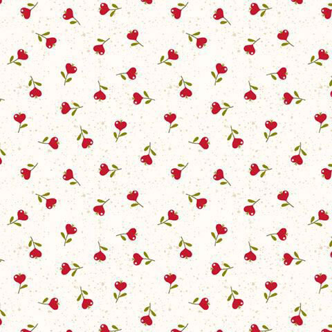 Speckled cream fabric with a tossed design of Valentine florals topped with red hearts.