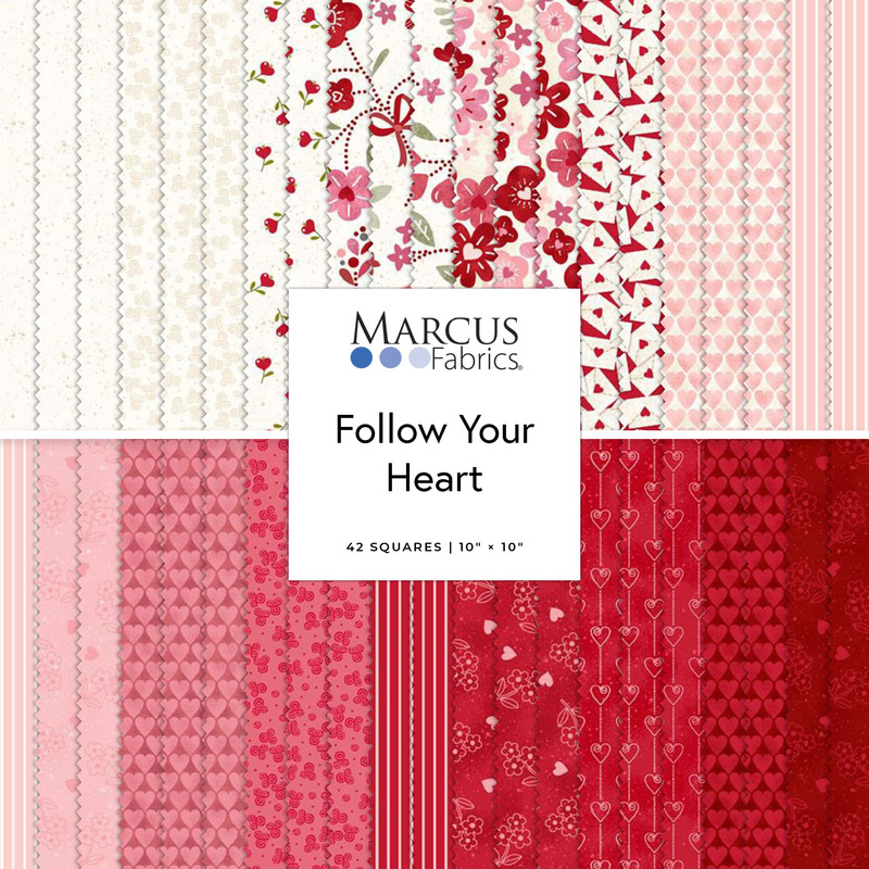 Digital collage of the 10" Squares Bundle from the Follow Your Heart fabric collection.
