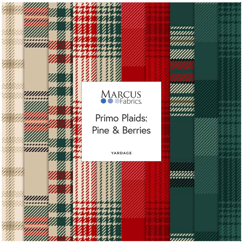 A collage of fabrics featured in the Primo Plaids Flannel, Pine & Berries collection by Marcus Fabrics.