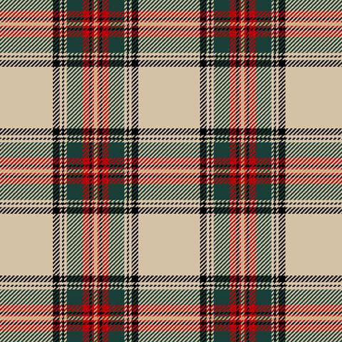 A tan flannel fabric with intersecting red, dark green, black, and cream stripes forming a plaid.