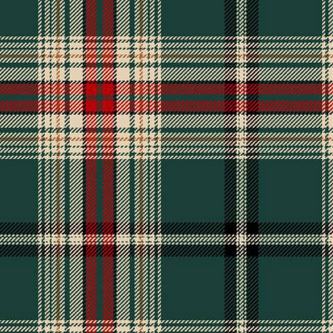 A pine green flannel fabric with intersecting red, cream, and black stripes forming a classic plaid.