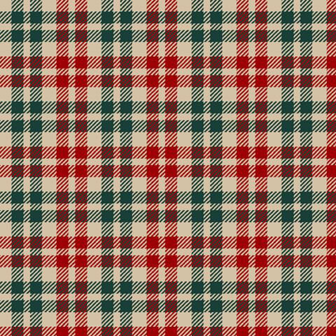 A taupe flannel fabric with intersecting red and pine green stripes forming a classic plaid.