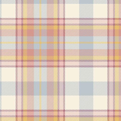 A cream flannel fabric with intersecting pink, lavender, yellow, and light blue stripes forming a pastel plaid.