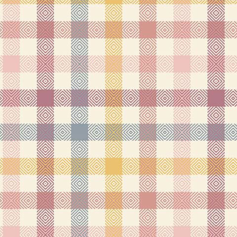 A cream flannel fabric with intersecting pastel plaid stripes and small nested diamond motifs.