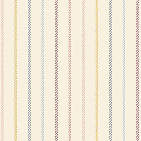 A cream flannel fabric with narrow repeating pink, blue, and yellow stripes accented by fine diagonal lines.