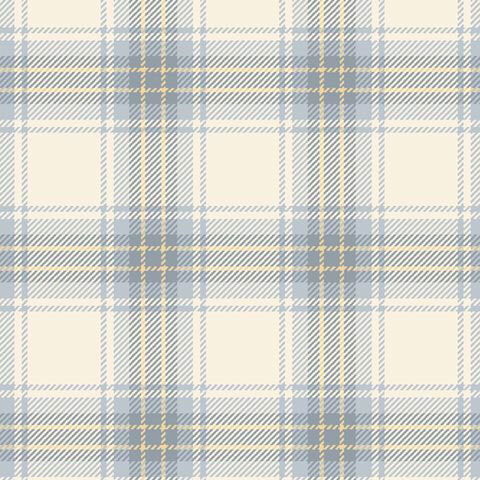 A cream flannel fabric with intersecting sky blue and pale yellow plaid stripes and fine diagonal line detailing.