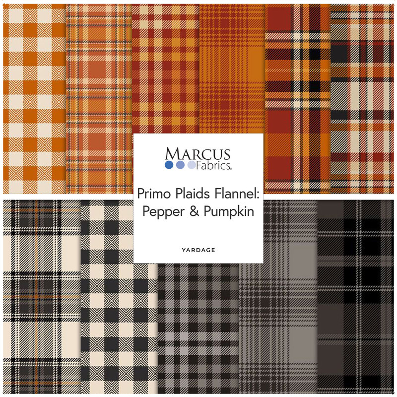 A collage of orange and black plaid fabrics from the Primo Plaids Flannel: Pepper & Pumpkin by Marcus fabrics. 