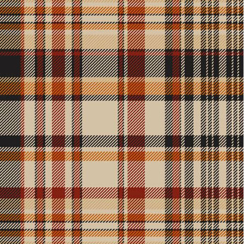 A swatch of black, orange, and cream plaid fabric.