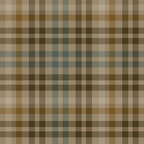 A swatch of brown plaid fabric with teal and muted orange. 