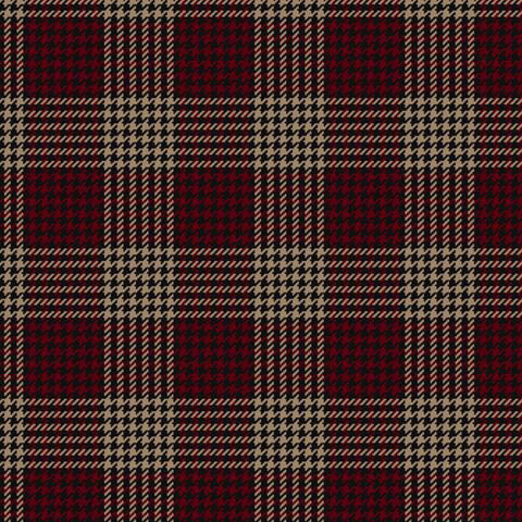 A swatch of a ruby red and tan plaid fabric with a houndstooth design. 