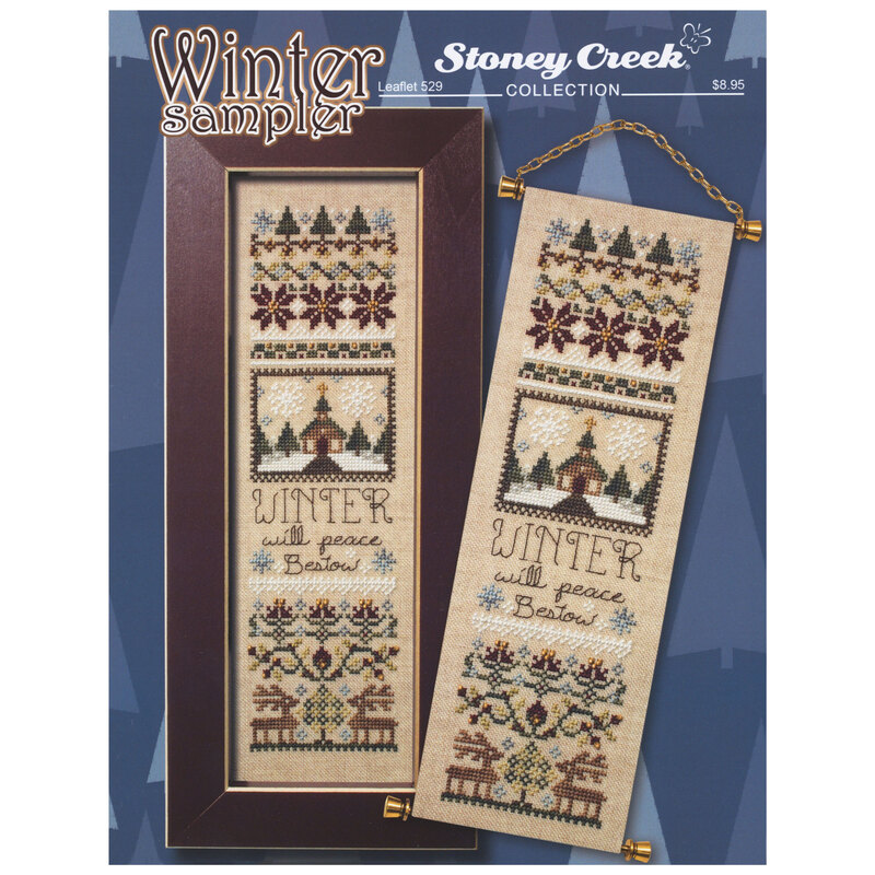 Front cover of the Winter Sampler cross stitch pattern with the finished pattern in an ornate wooden frame next to another finished example styled as a banner.