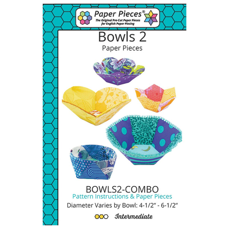 English paper piecing pattern and paper template pack for making five dimensional fabric bowls in assorted sizes.