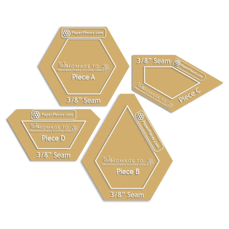 Set of four acrylic fabric cutting templates in geometric hexagon and jewel-like shapes with marked seam allowances.