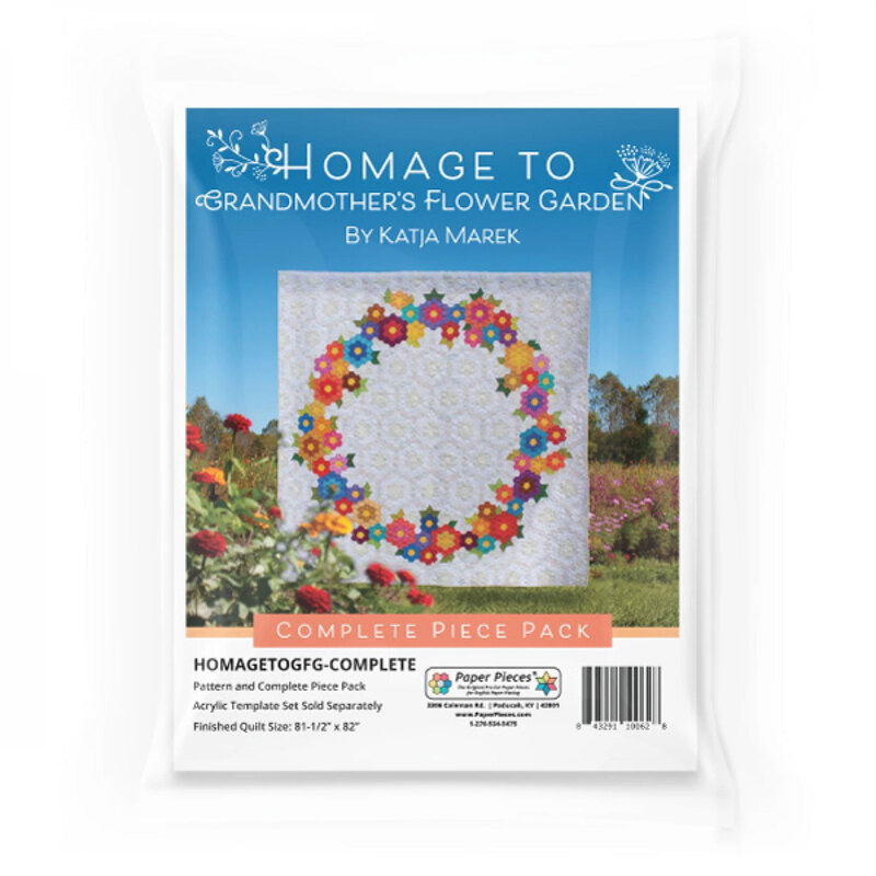 Packaged English paper piecing set with a colorful hexagon flower wreath quilt pictured on the front.