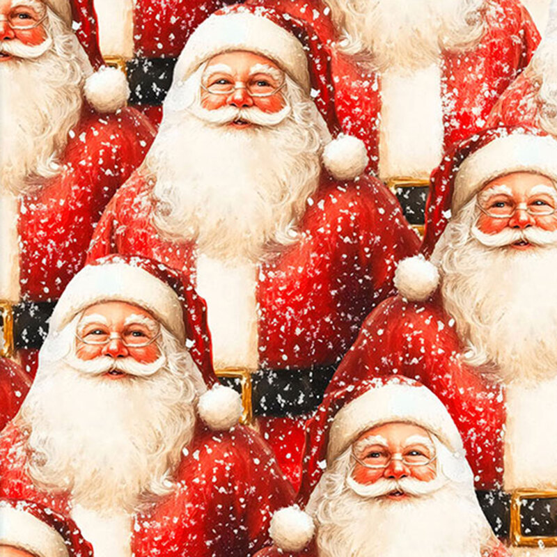 Jolly fabric with a layered design of Santas packed together in a snowy scene.