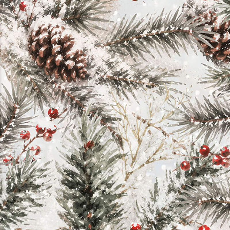 White fabric with a packed design of pine tree branches, red berries, and pinecones, all covered in snow.