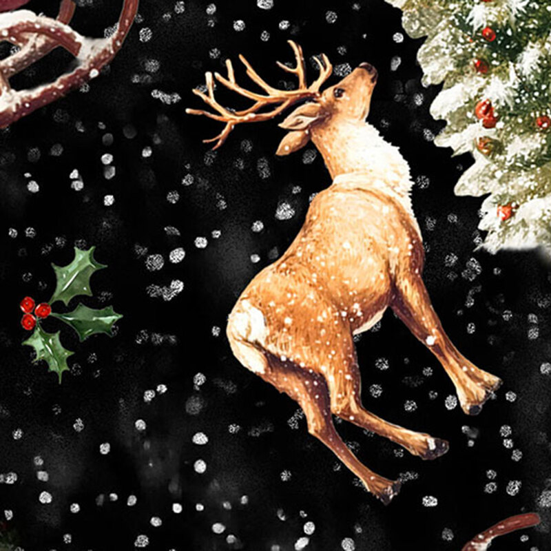 Coal-black fabric with scattered white spots topped with tossed scenes of Santa Claus, reindeer, holly sprigs, Christmas trees, and sleighs.