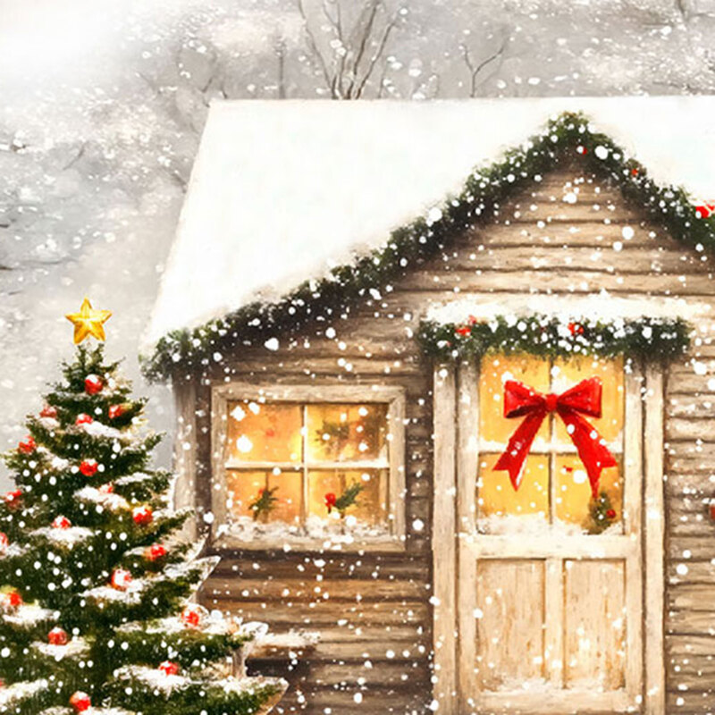 Wispy white fabric with an outdoor scene of wintry cabins, barns, and Christmas trees in a snowy forest.