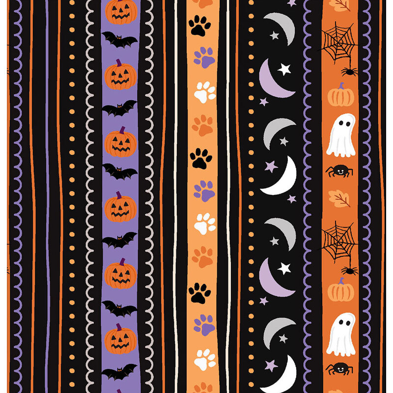 black fabric with a Halloween border stripe design with a mix of festive motifs and playful dog-themed elements.