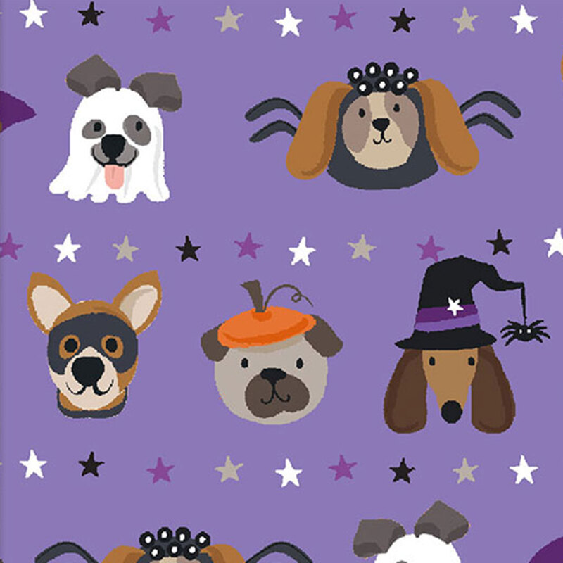 Purple fabric with a charming pattern of dogs dressed in Halloween costumes with rows of stars in between.