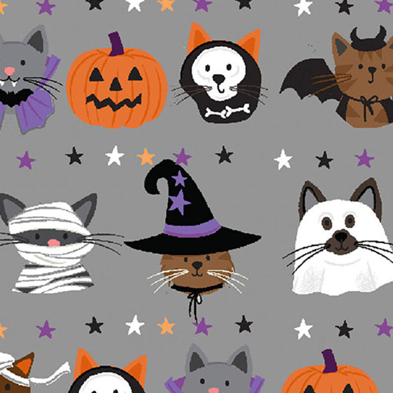 Gray fabric with a charming pattern of cats dressed in Halloween costumes with rows of stars in between.
