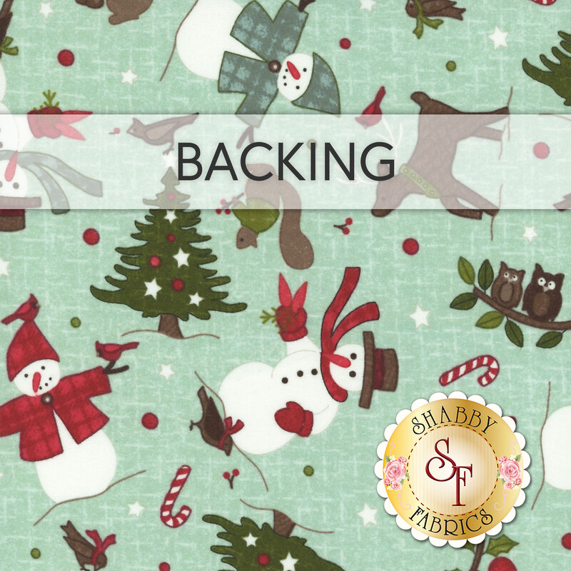 Aqua swatch of fabric with tossed winter motifs like trees, snowmen, and reindeer; a transparent banner at the top reads "Backing." 