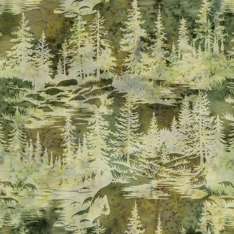 Mottled green batik with a pattern of forested rivers inspired by the natural landscapes of the Pacific Northwest.