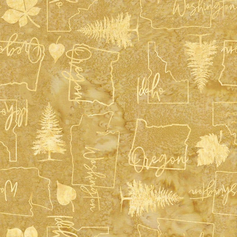 Mottled yellow batik fabric with a tossed pattern of leaves, trees, and silhouettes of the Pacific Northwest states.