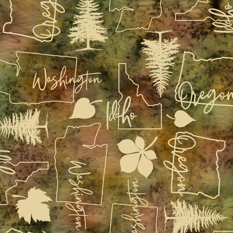 Mottled brown batik with a tossed pattern of leaves, trees, and silhouettes of the Pacific Northwest states.