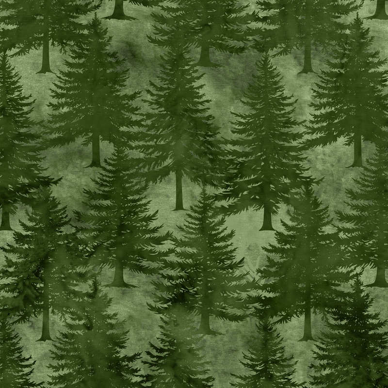 Mottled green fabric with a pattern of pine trees inspired by the natural beauty of the Pacific Northwest.