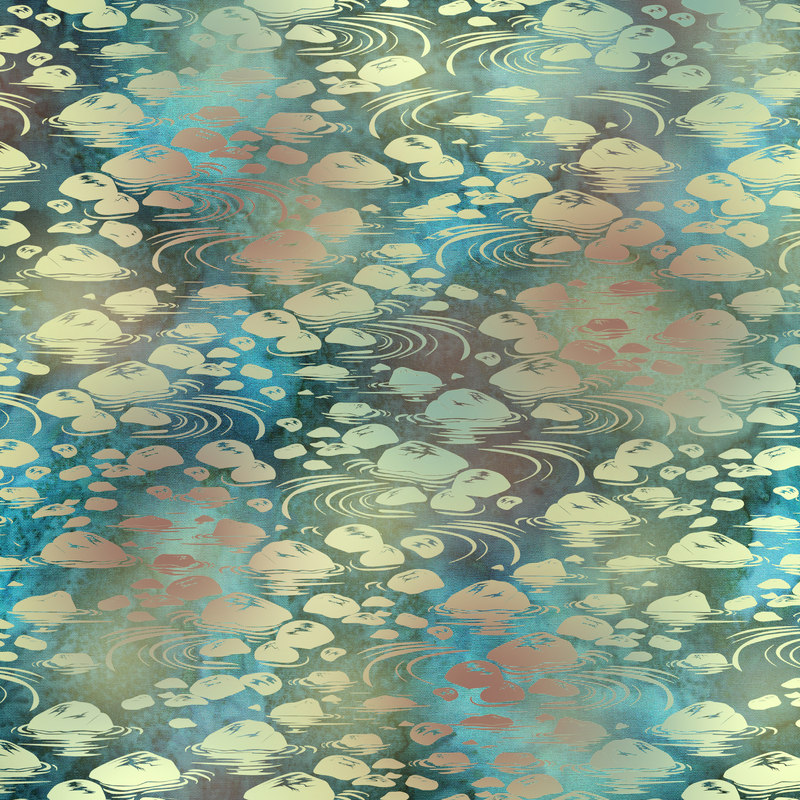 Mottled aqua and teal fabric with a natural pattern of rocks resting in rippling water.