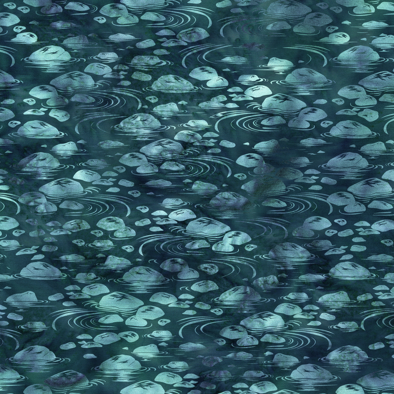 Mottled dark teal fabric with a natural pattern of rocks resting beneath rippling water.