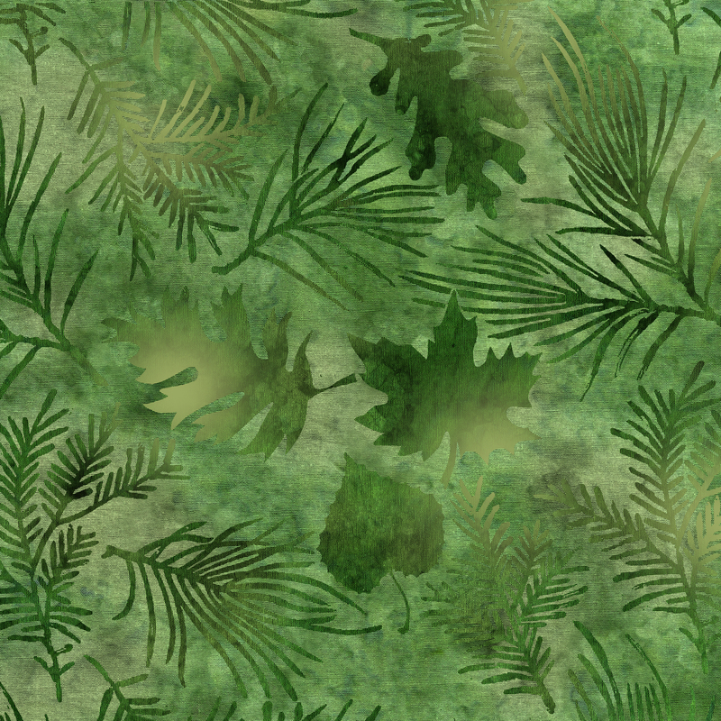 Mottled green batik fabric with a tossed pattern of leaves inspired by the natural beauty of the Pacific Northwest.