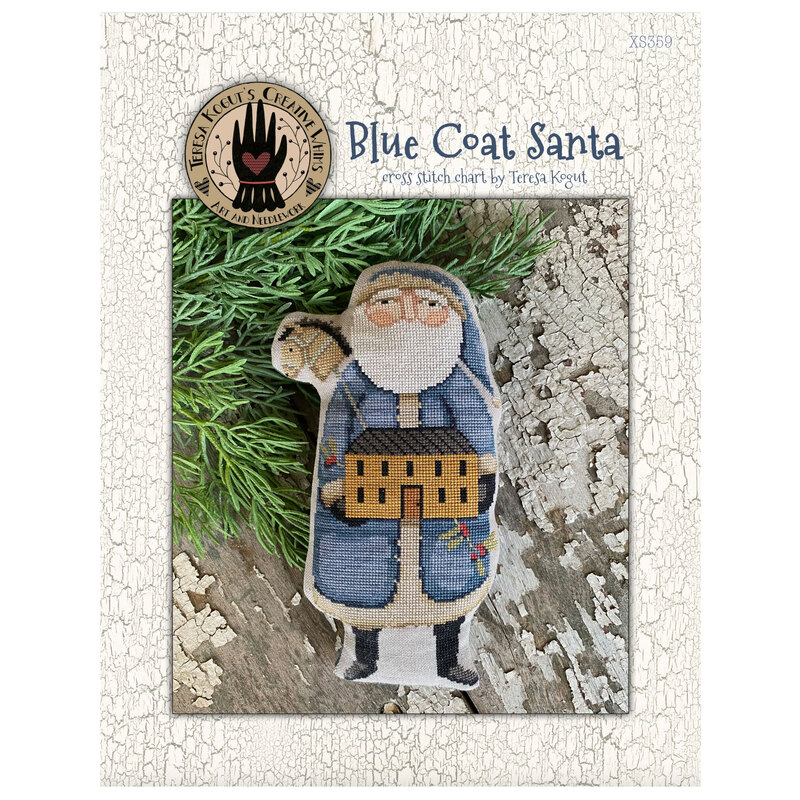 Front cover of the Blue Coat Santa pattern by Teresa Kogut, with Santa holding a dollhouse and a hobby horse. 