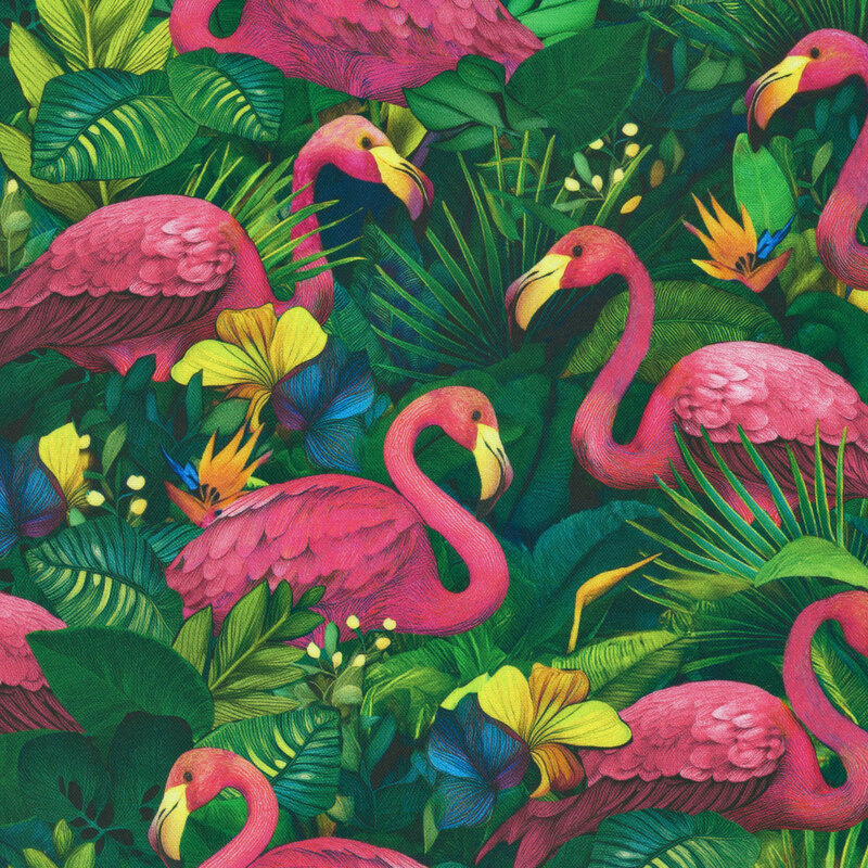A dark green fabric with large pink flamingos surrounded by dense tropical leaves and colorful yellow, orange, and blue flowers.