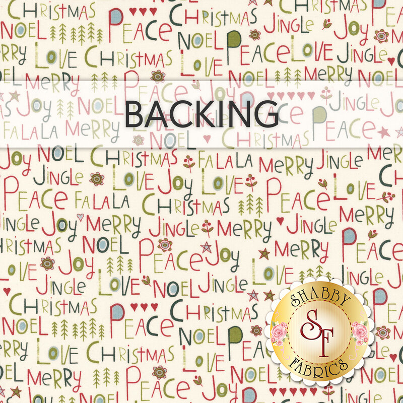 A swatch of cream fabric with a packed design of festive words in green and red. A banner at the top reads "Backing" and a golden Shabby Fabrics logo sits in the bottom right corner.