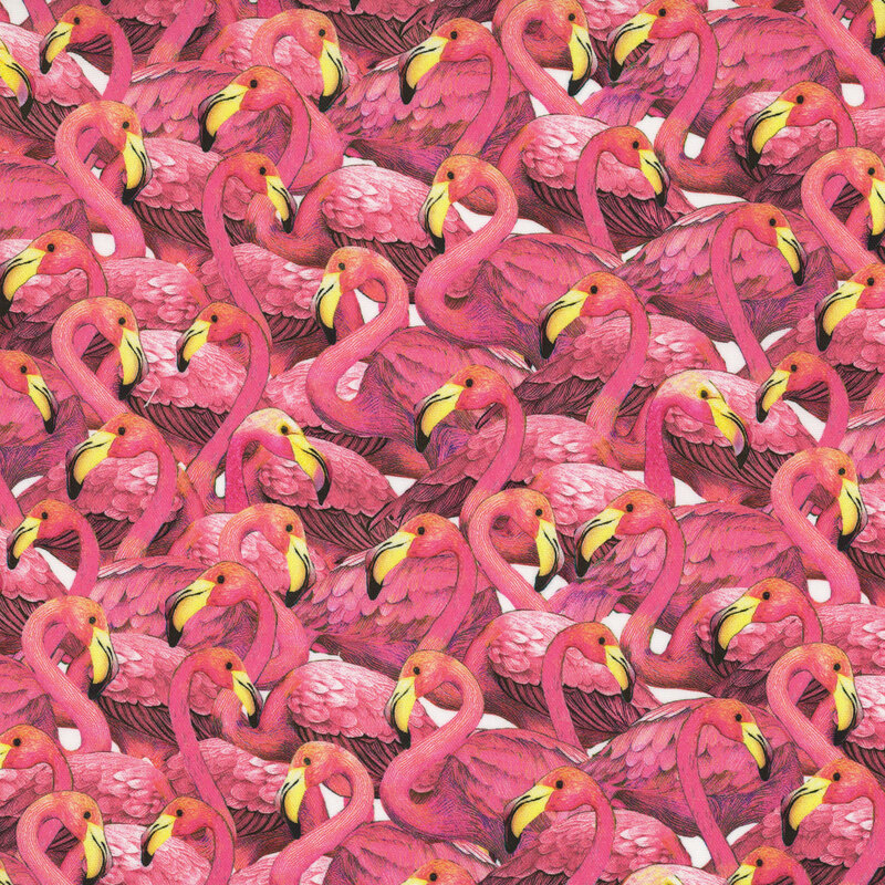 A pink fabric with densely overlapping flamingos, curved necks, detailed feathers, and yellow beaks.