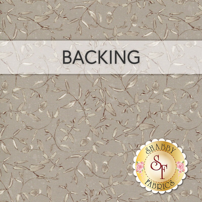 Gray swatch of fabric with twisting stone brown vine pattern; a transparent banner at the top reads "Backing." 
