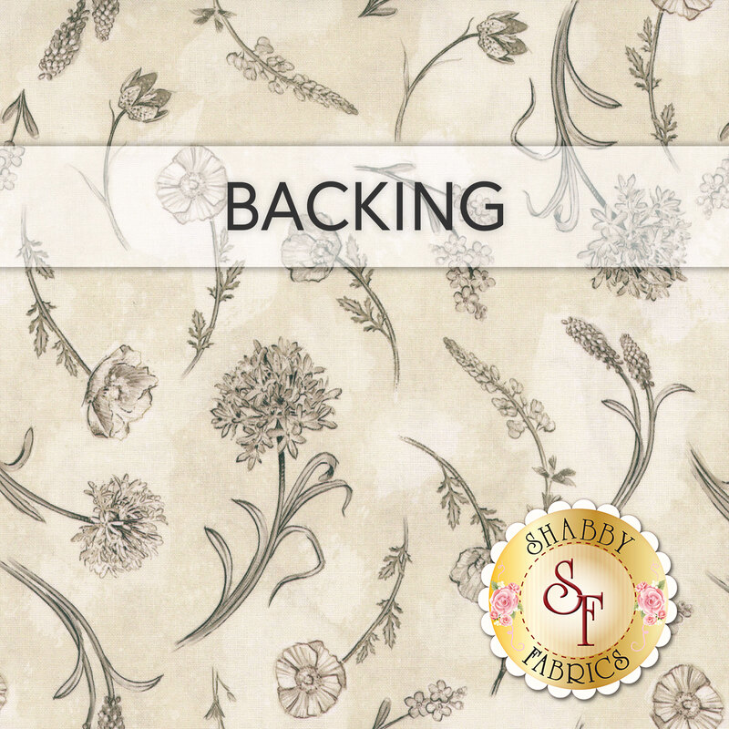 Mottled cream swatch of fabric with tossed gray etched flowers; a transparent banner at the top reads "Backing." 