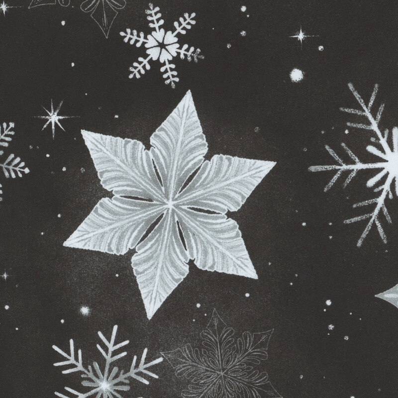white, gray, and black intricate snowflakes with scattered stars and speckled dots on a mottled black background.