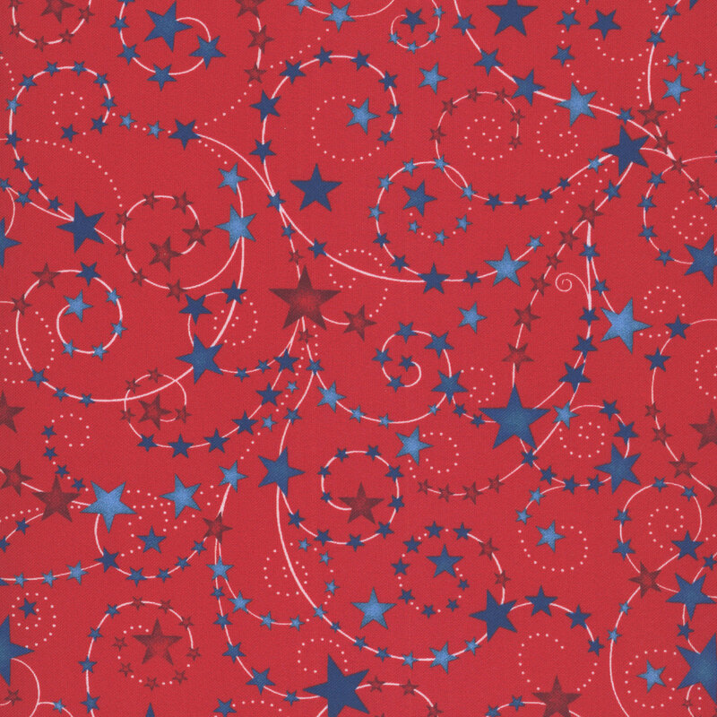 whimsical swirling trails of stars in shades of navy, blue, and burgundy, accented by delicate white dotted details against a vibrant red background.