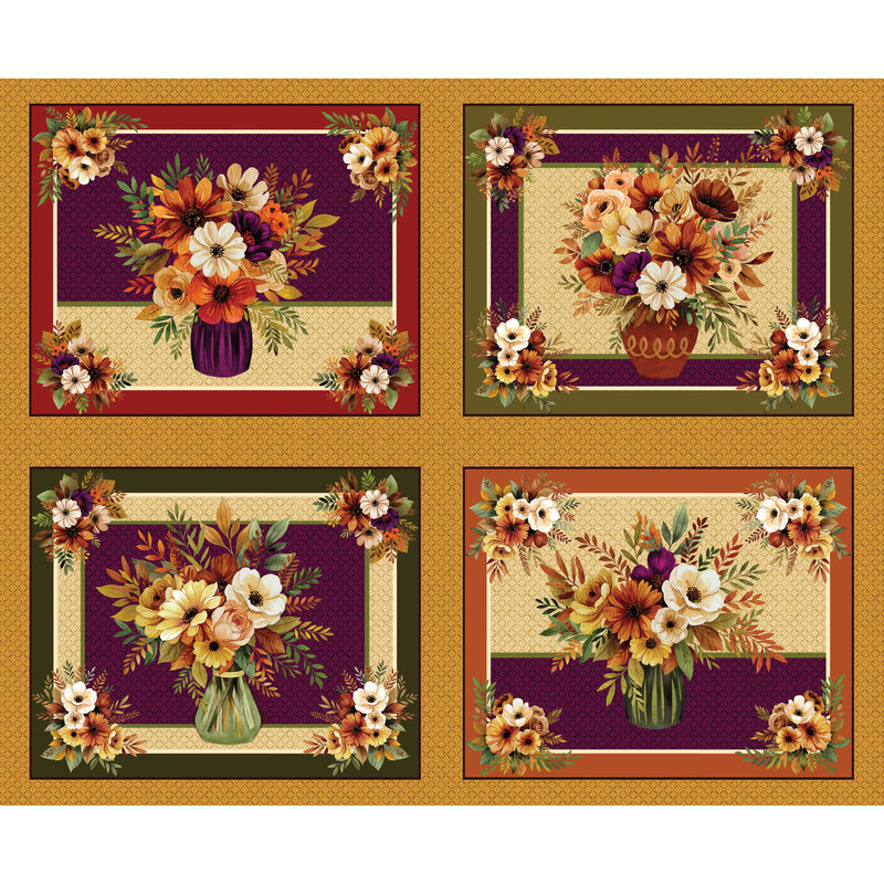Fabric panel with four blocks featuring autumn floral vases.