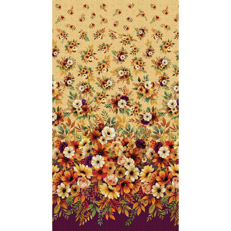 Ombre fabric with a pattern of stylized autumn flowers on a purple and tan background.