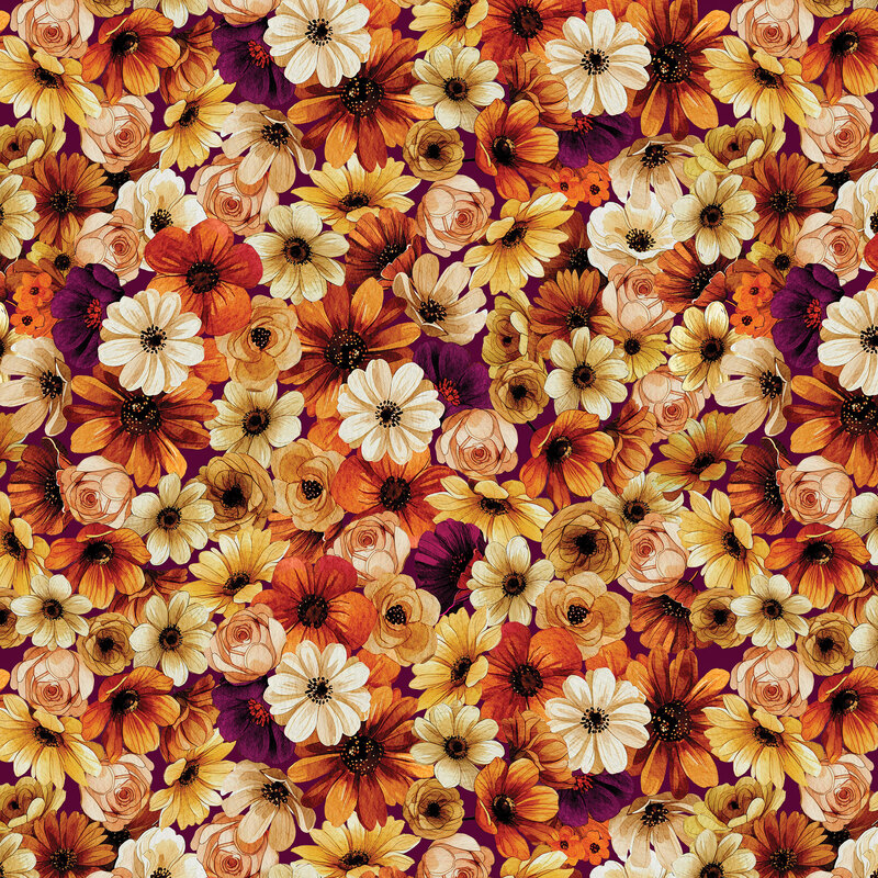 Purple fabric with a dense pattern of orange and yellow autumn-themed flowers.